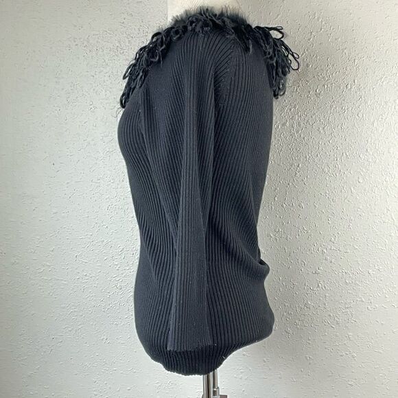 EUC Multiples Womens Black 3/4 Sleeve Top with Fringe and Sequins at Top Size M - Picture 3 of 6